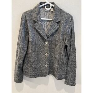 Chico’s Sz 2 Gray / White Blazer. Mother Of Pearl Buttons, Pockets.